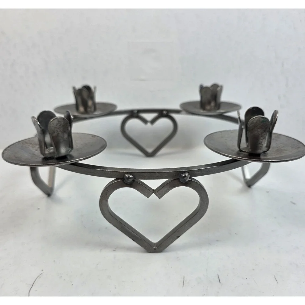MCM Vtg Scandinavian Wrought Iron Candle Holder Candelabra Heart Lucia Crown 10